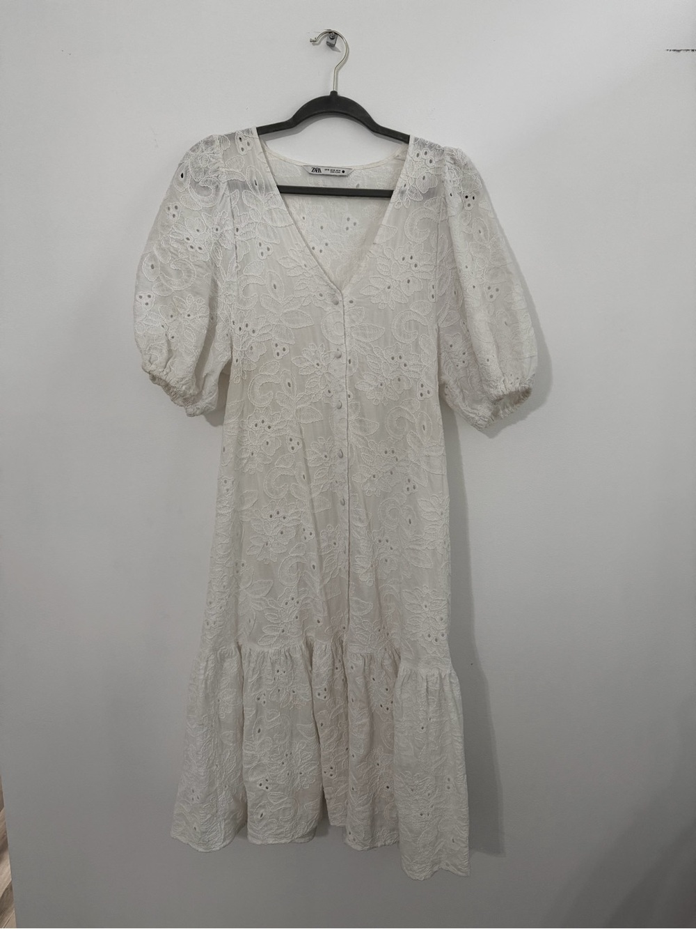 Zara Cream Eyelet Midi Dress with Puff Sleeves
